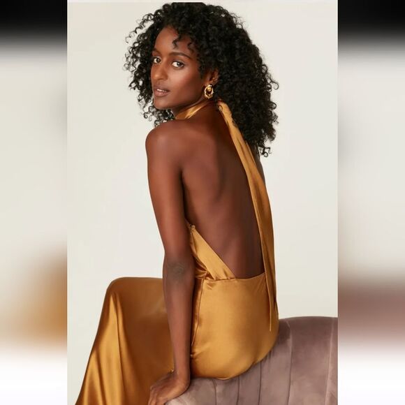 Something Navy Orange Halter Satin Gown Size XS - Picture 4 of 11